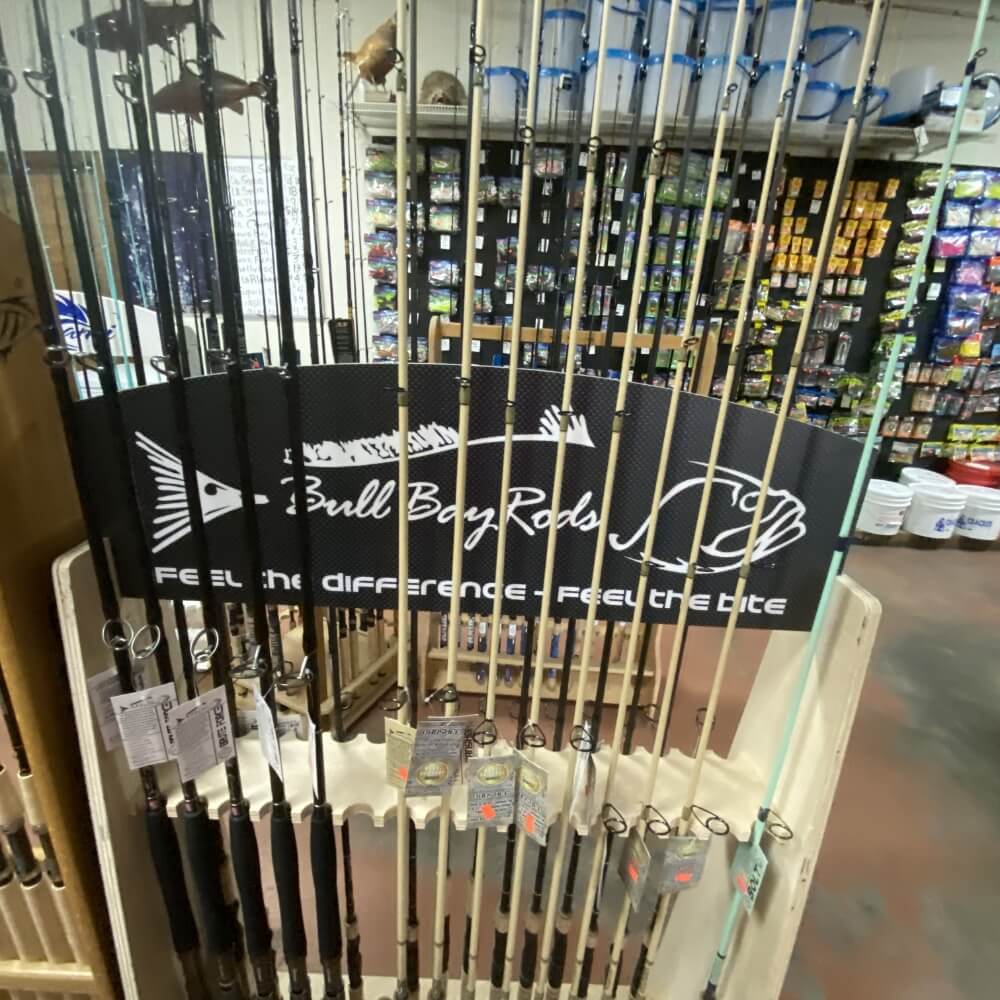 Bull bay rods stand in Gandy bait and tackle shop